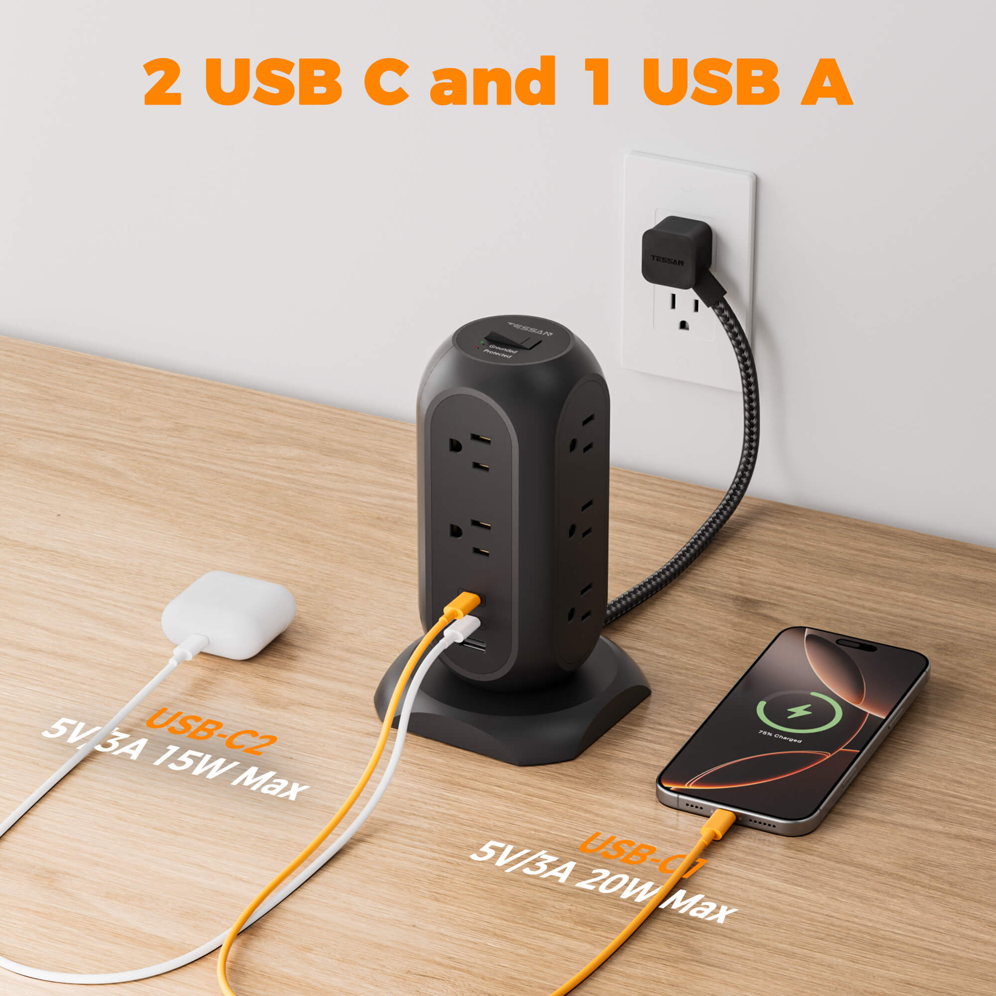 TESSAN 14-in-1 Tower Power Strip with USB-C Fast Charging