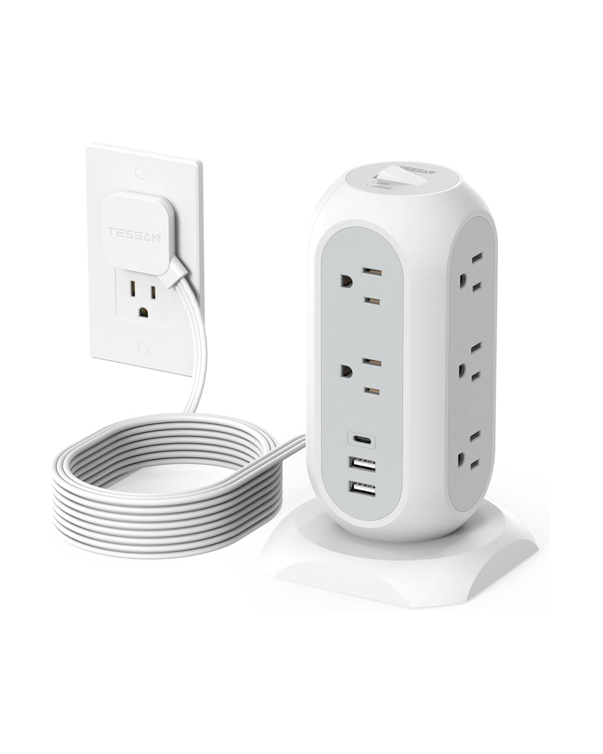 Tower Power Strip Flat Plug with 11 Outlets 3 USB (1 USB C),6 Feet Extension Cord