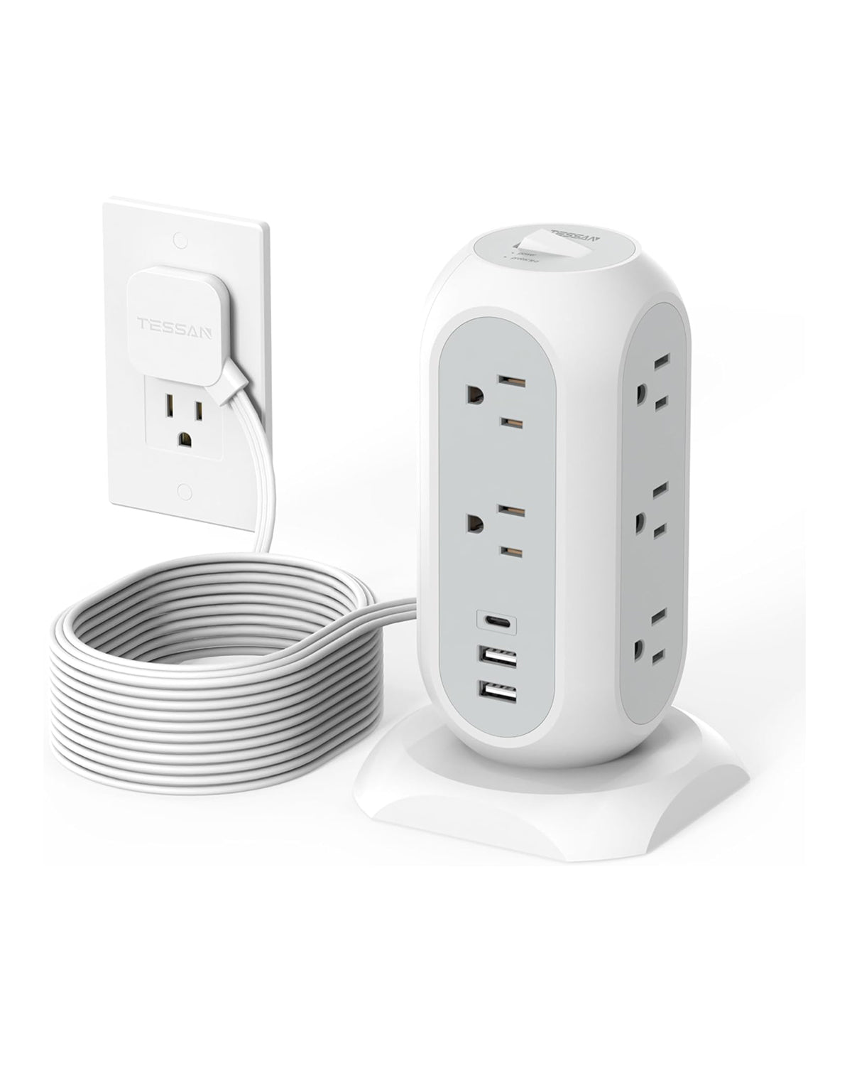 Tower Power Strip Flat Plug with 11 Outlets 3 USB (1 USB C),6 Feet Extension Cord