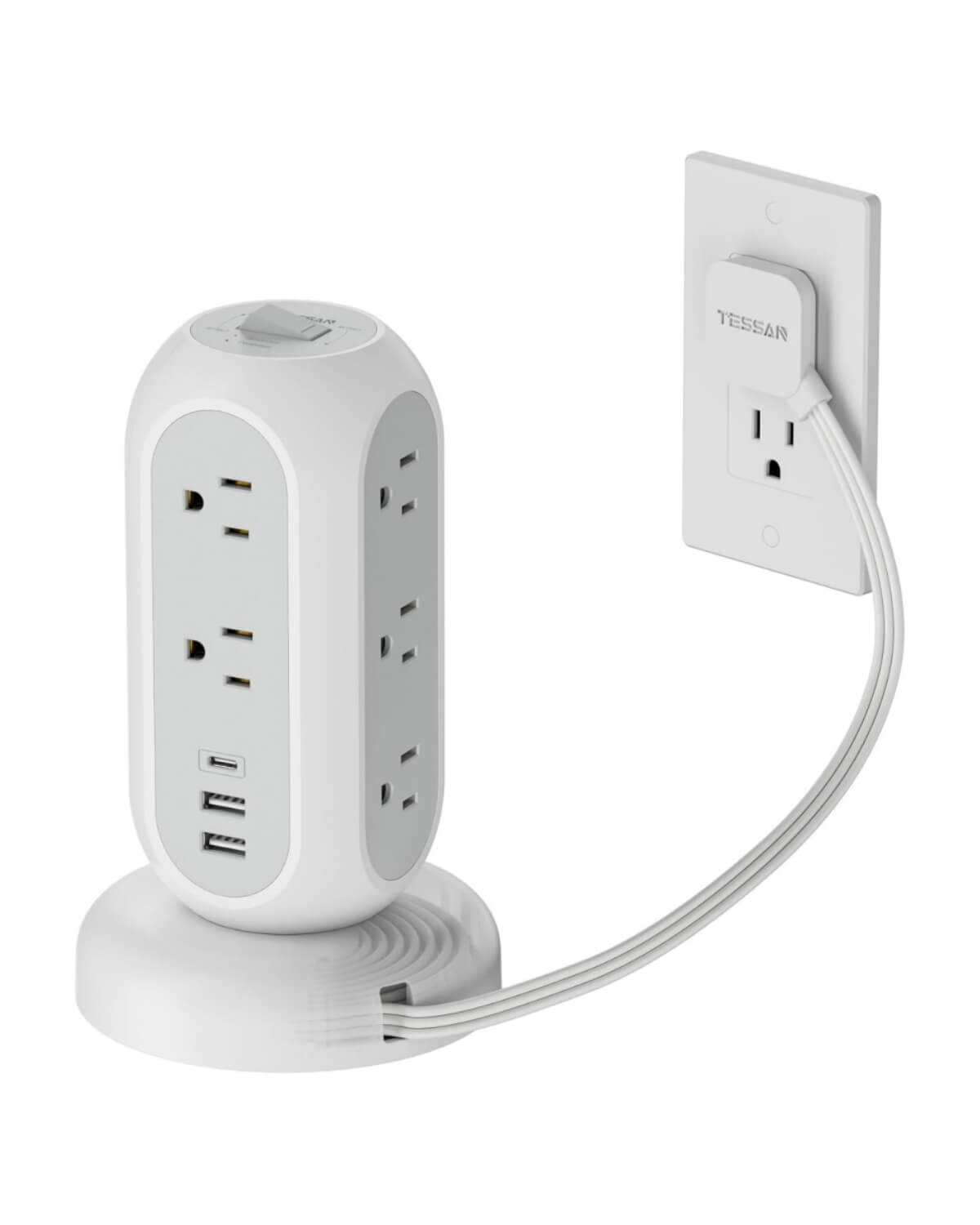 Tower Power Strip Flat Plug with 11 Outlets 3 USB (1 USB C),6 Feet Extension Cord