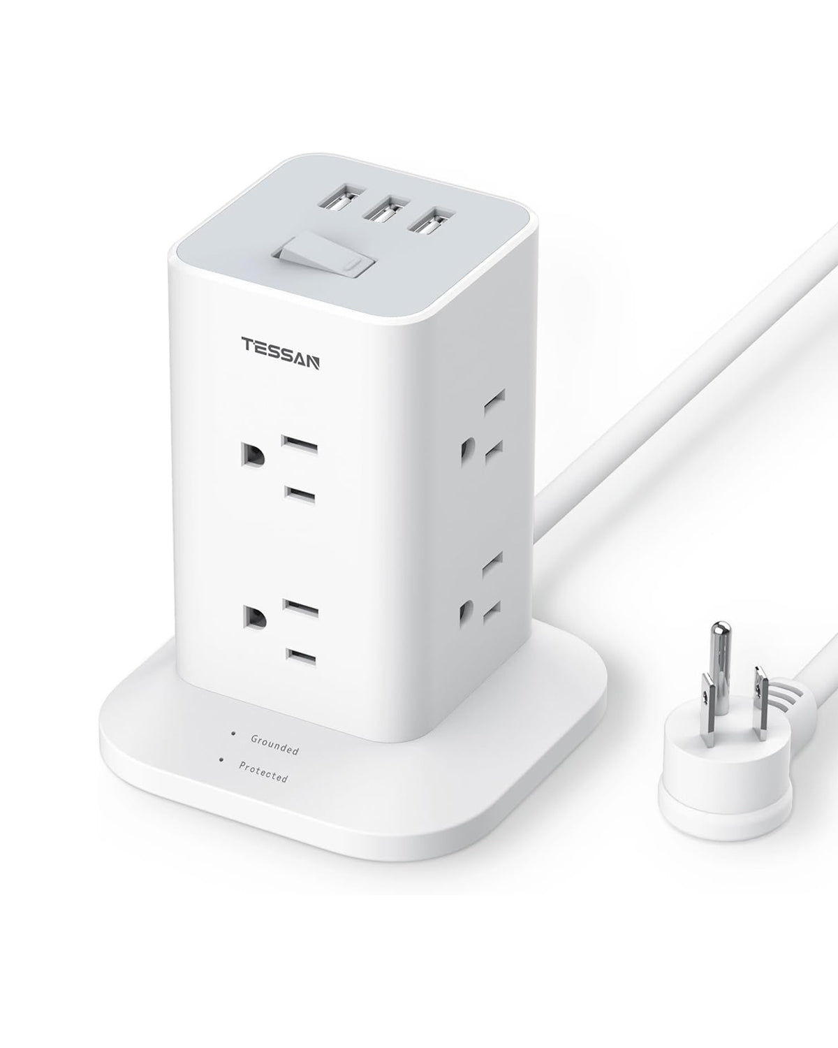 TESSAN Space-Saving Tower Strip With USB Ports, Surge Protection, Convenient ON/OFF Switch