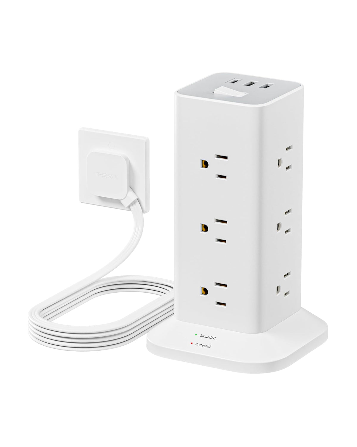 TESSAN Flat Plug Tower Strip With USB Ports (12 AC + 2 USB A + 1 USB C), Extended Flat Cord, Surge Protection