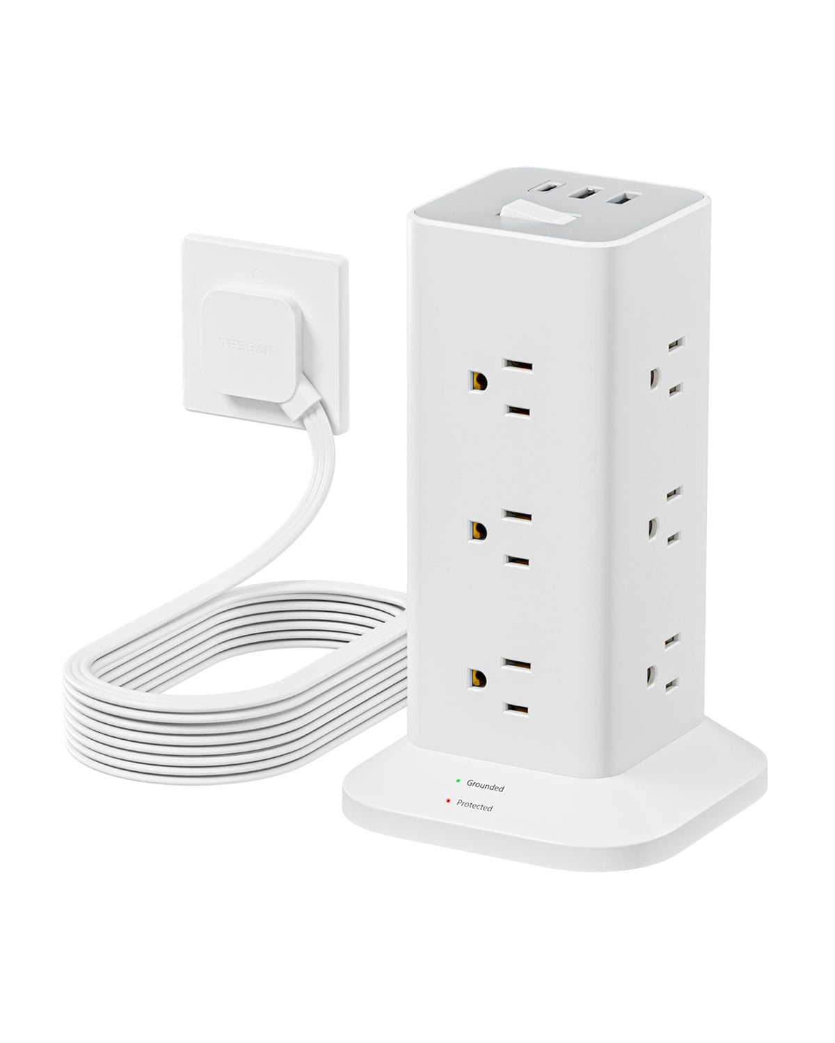 TESSAN Flat Plug Tower Strip With USB Ports (12 AC + 2 USB A + 1 USB C), Extended Flat Cord, Surge Protection