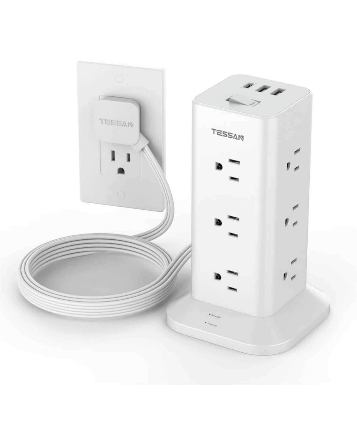 TESSAN Space-Saving Tower Strip With USB Ports, Surge Protection, Convenient ON/OFF Switch