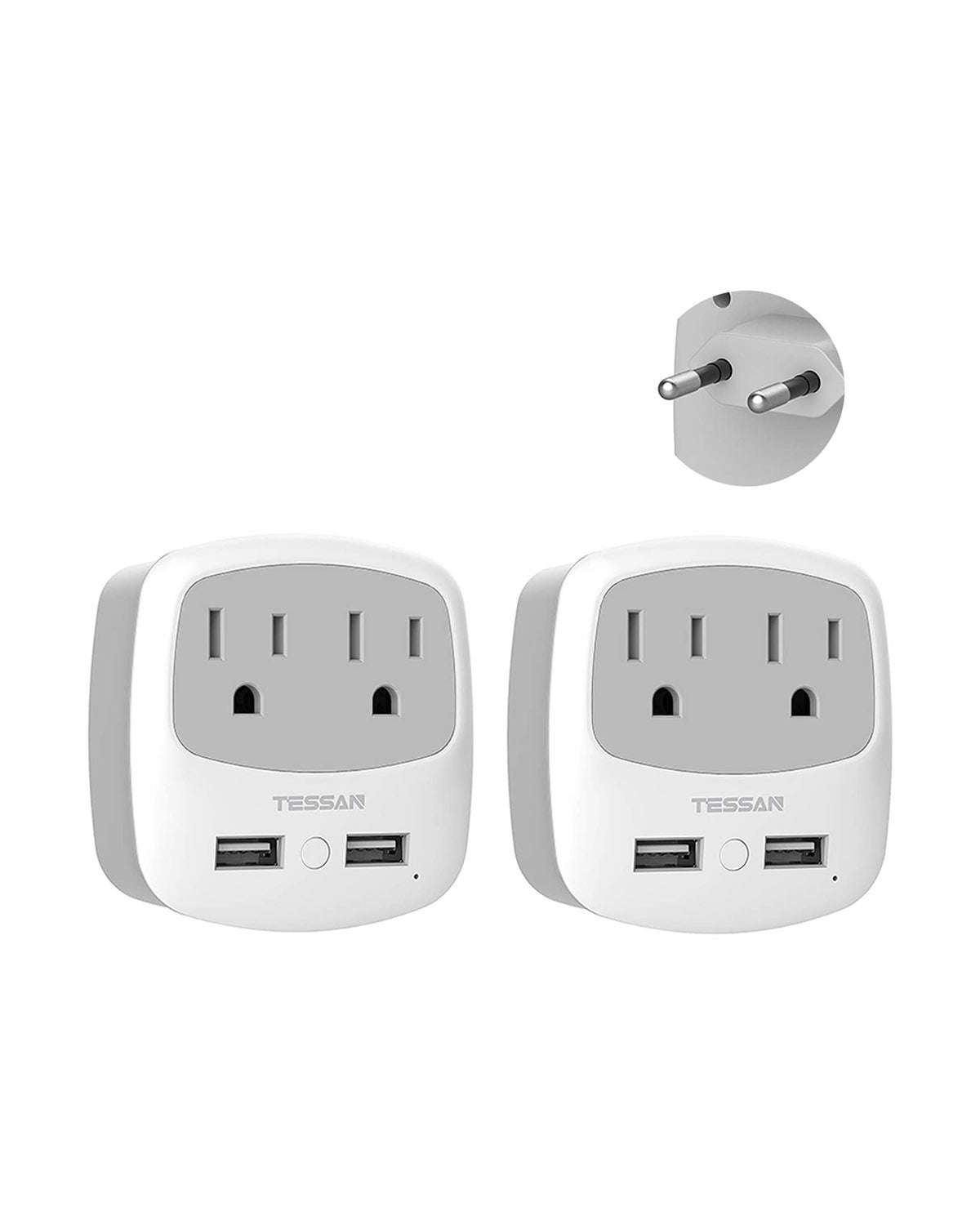 TESSAN US to Europe Power Adaptor with 2 USB 2 AC Outlets, 2 Pack