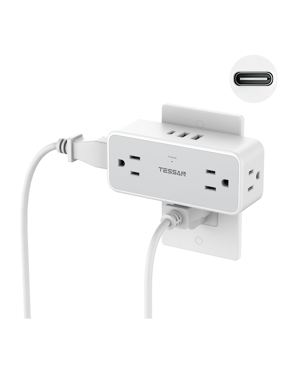 TESSAN 4 Wall Outlet Extender with 3 USB Wall Charger(1 USB C)