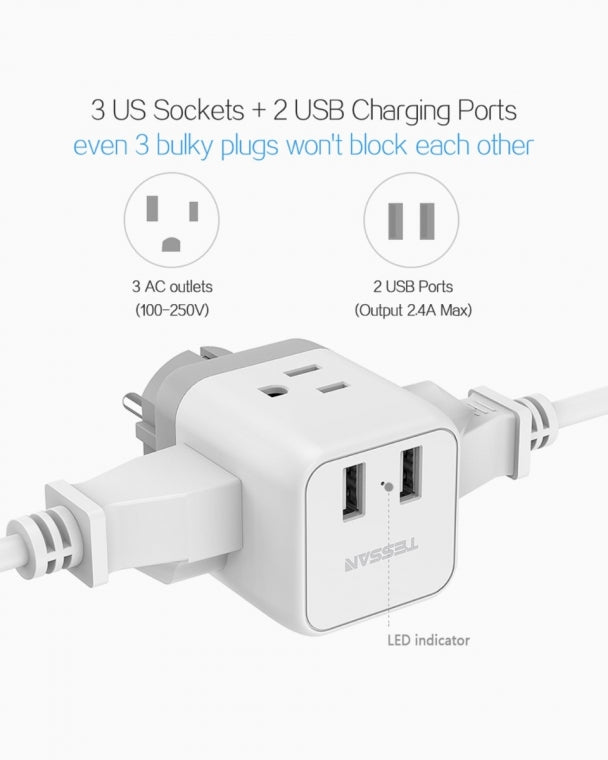 US To Germany/France Travel Plug Adapter With 3 Outlets 2 USB Ports (Type E/F Plug)