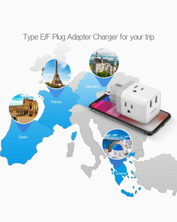 US To Germany/France Travel Plug Adapter With 3 Outlets 2 USB Ports (Type E/F Plug)