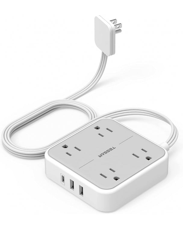 TESSAN Ultra-Thin Extension Cord Indoor with 4 Multi Plug Outlet Extenders 3 USB Ports
