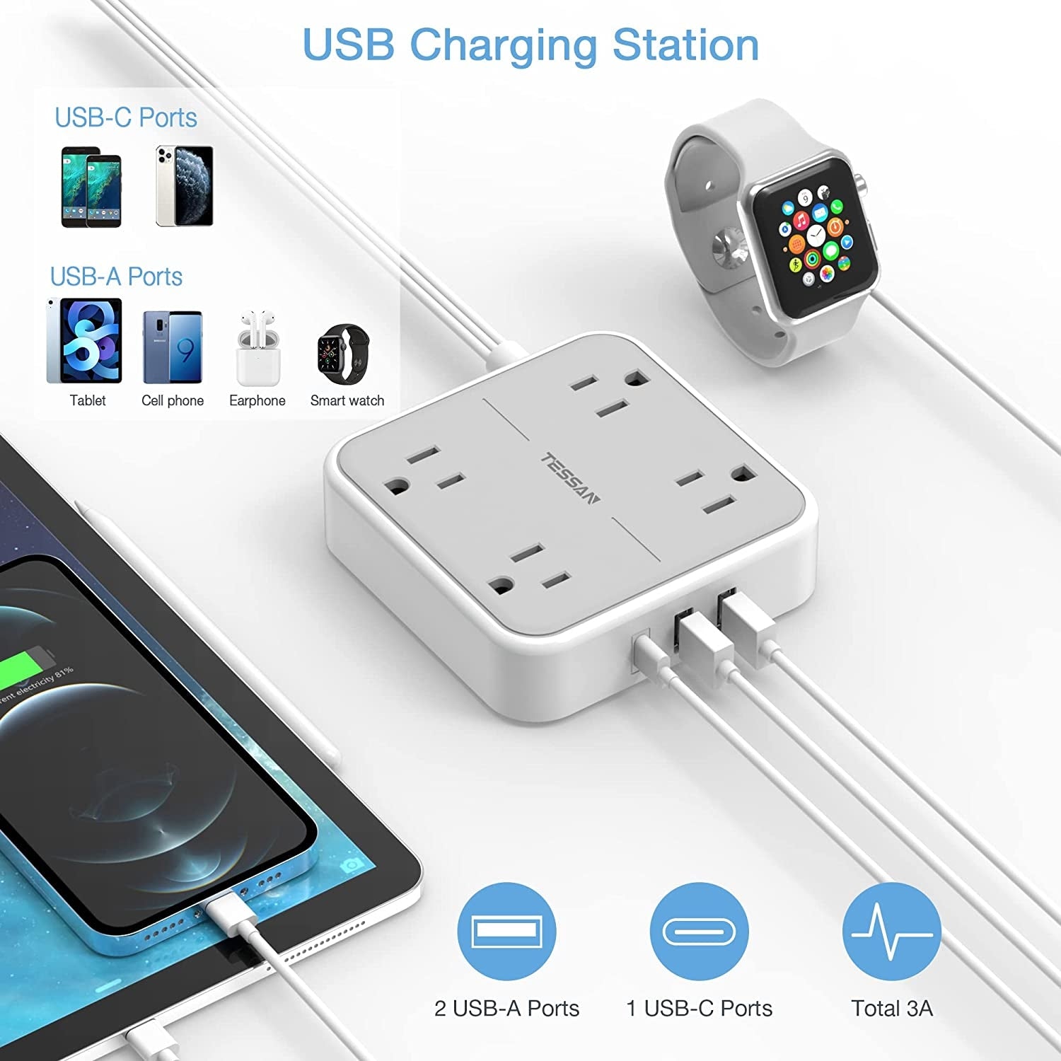 Flat Plug Power Strip 5 FT Extension Cord Flat Plug With 4 Outlets 3 USB Wall Charger(1 USB C Port)