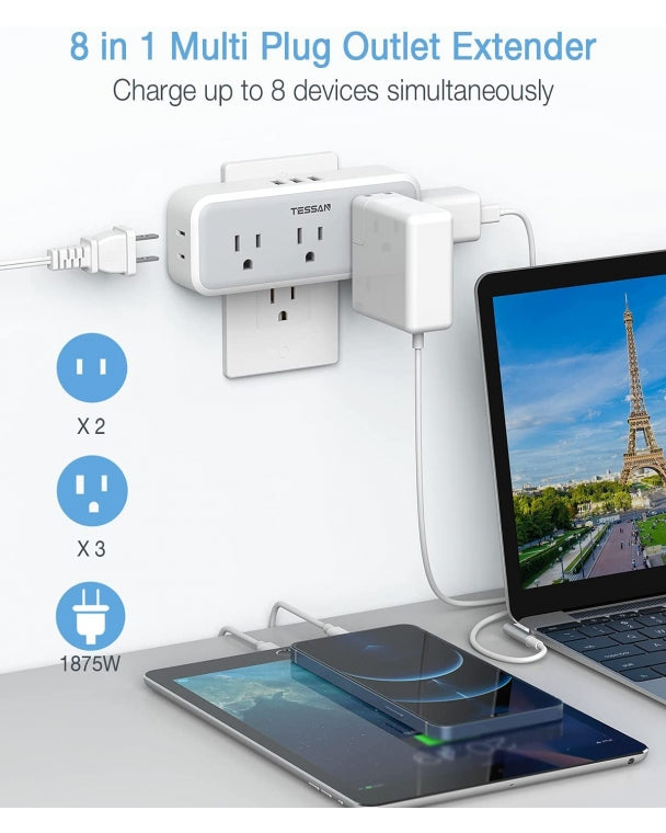Surge Protector Multi Plug Outlet With 5 Electrical Outlet Extender 3 USB Wall Charger