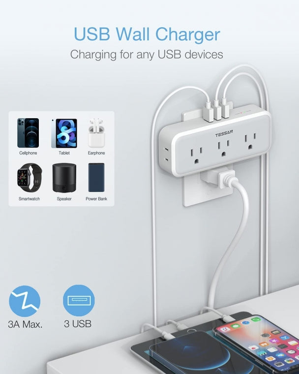 Surge Protector Multi Plug Outlet With 5 Electrical Outlet Extender 3 USB Wall Charger