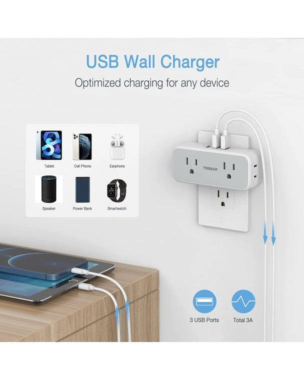Travel Multi Plug Outlet Extender With 4 Outlet Box Splitter 3 USB Wall Charger