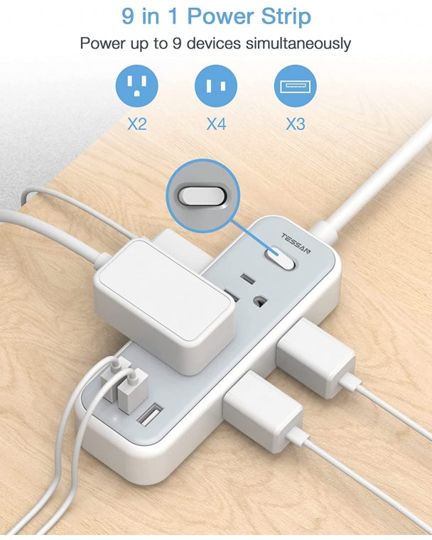 Portable Travel Small Power Strip 6 FT Extension Cord Flat Plug With 6 Outlets 3 USB Ports
