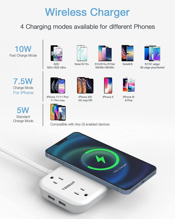 Wireless Charger Power Strip 4 FT Extension Cord With 2 Outlets 2 USB Ports