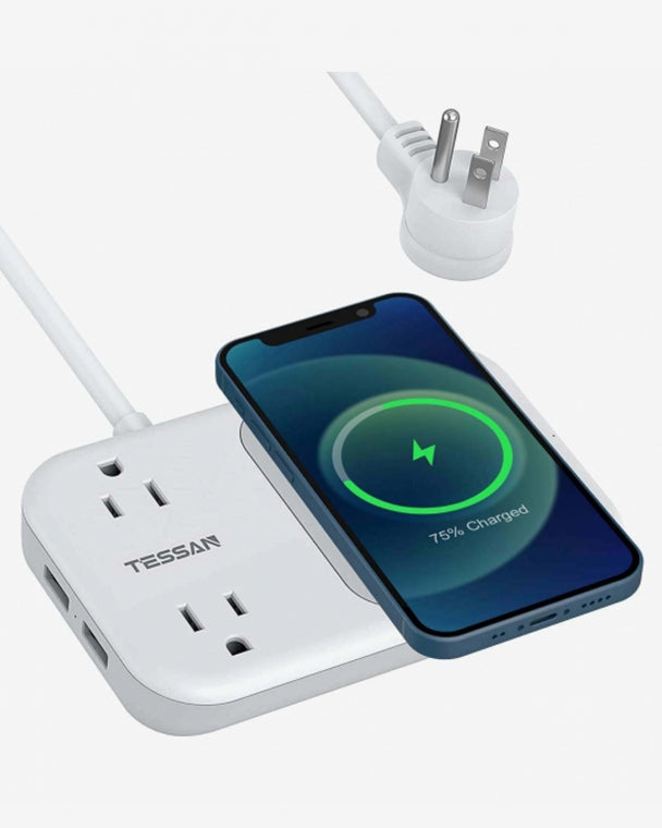 TESSAN Wireless Charger Power Strip 4 ft Extension Cord with 2 Outlets 2 USB Ports