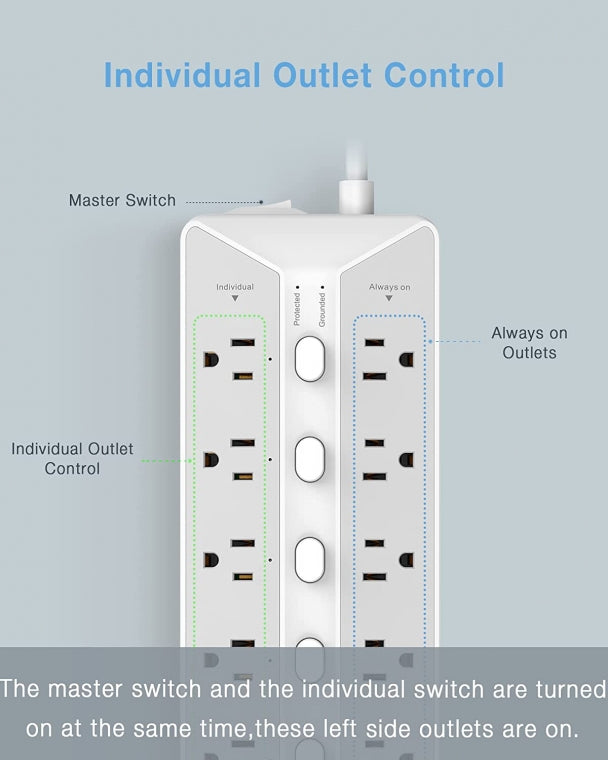 Individual Switches Surge Protector 6 FT Extension Cord With 12 Outlets 3 USB Ports