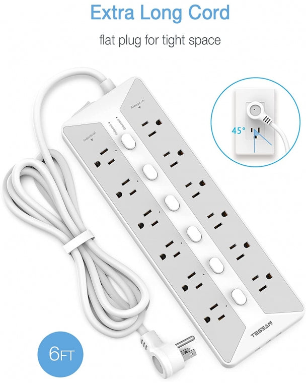 Individual Switches Surge Protector 6 FT Extension Cord With 12 Outlets 3 USB Ports