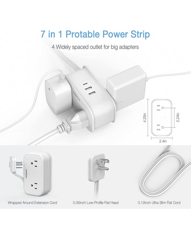 Travel Flat Plug Power Strip 3 FT Extension Cord Flat Plug With 4 Outlets 3 USB Ports(1 USB C Port)
