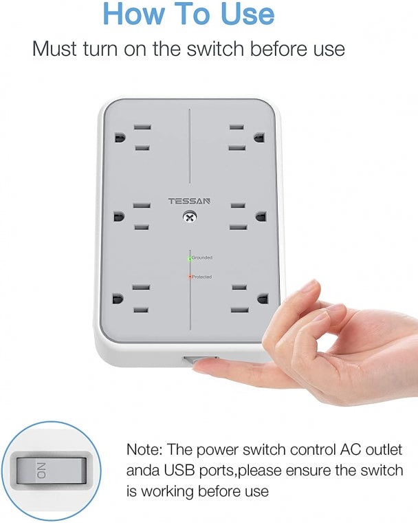 Bathroom Surge Protector Multi Plug Outlet Extender With 6 Outlet Splitter 3 USB Wall Charger
