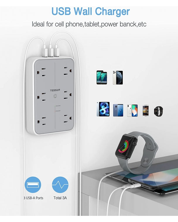 Bathroom Surge Protector Multi Plug Outlet Extender With 6 Outlet Splitter 3 USB Wall Charger