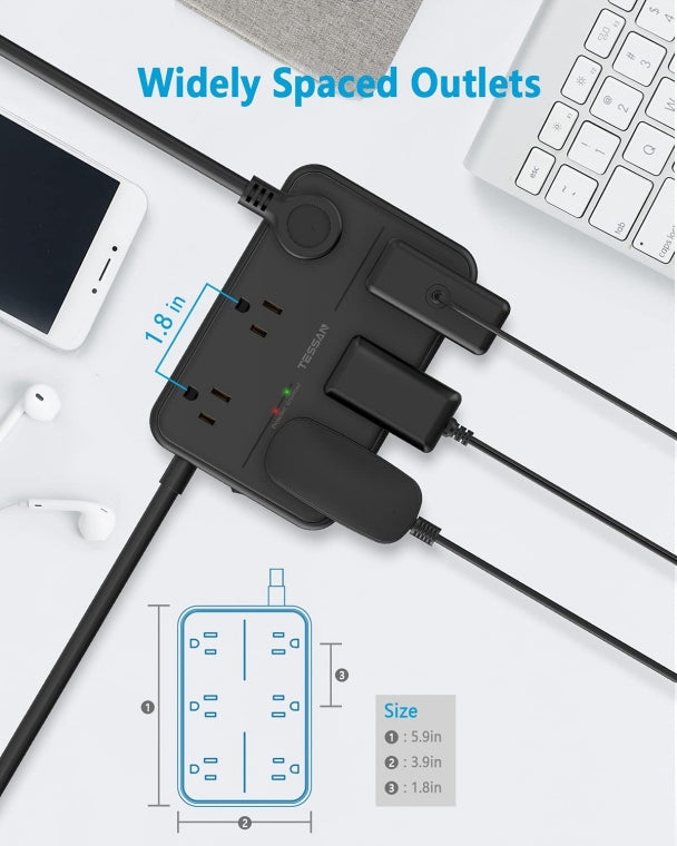 Surge Protector Power Strip 5 FT Extension Cord Flat Plug With 6 Outlets 3 USB Ports