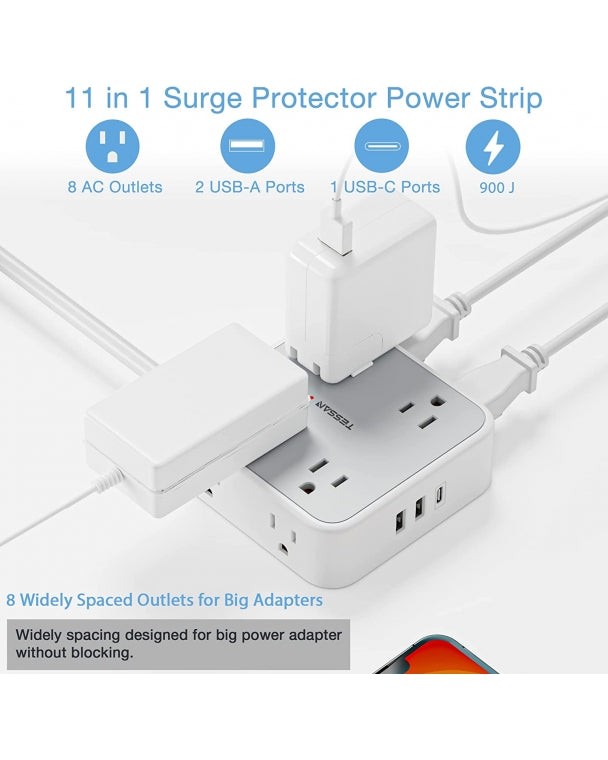 Surge Protector Power Strip 5 FT Extension Cord Flat Plug With 8 Outlets 3 USB Wall Charger(1 USB C Port)