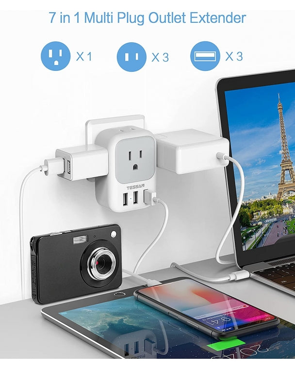 Home Multi Plug Outlet Extender With 4 Outlet Box Splitter 3 USB Wall Charger