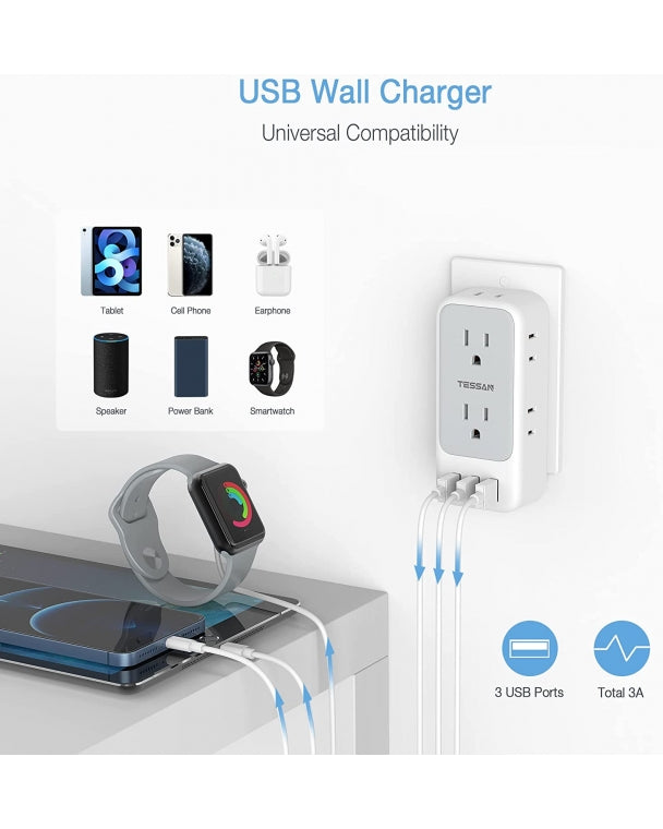 Dorm Essential Multi Plug Outlet Extender With 7 Outlet Splitter 3 USB Wall Charger