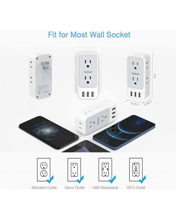 Dorm Essential Multi Plug Outlet Extender With 7 Outlet Splitter 3 USB Wall Charger