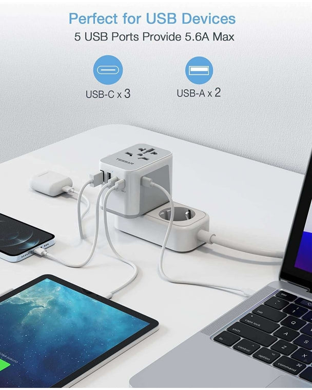 Universal Travel Adapter with 3 USB C and 2 USB Ports (Fast Charging PD 15W)