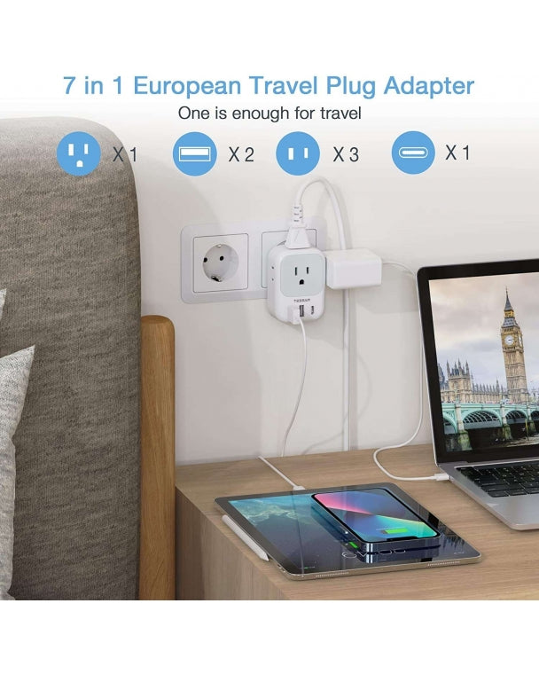 US To European Travel Adapter With 3 USB Ports (Fast Charging PD 15W)