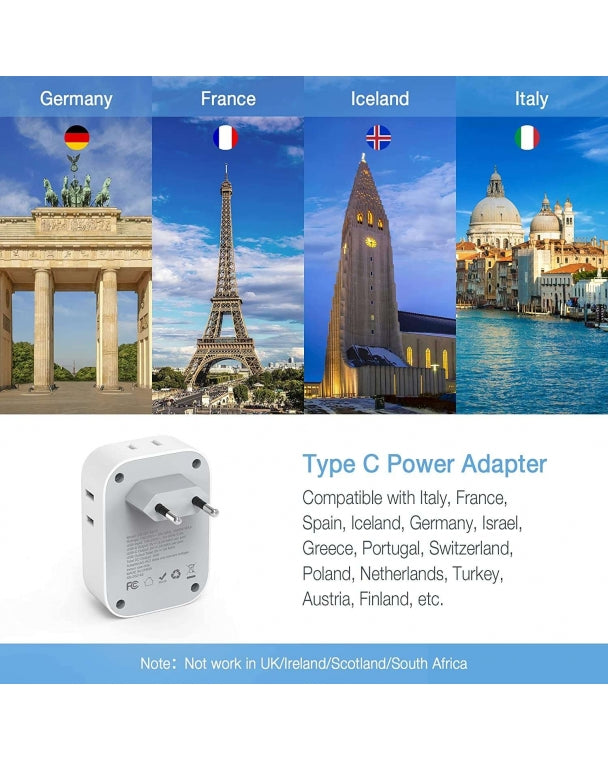 US To European Travel Adapter With 3 USB Ports (Fast Charging PD 15W)