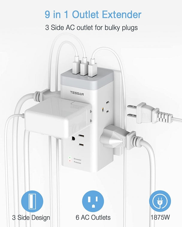 Surge Protector Multi Plug Outlet Extender With 6 Outlet Splitter 3 USB Wall Charger