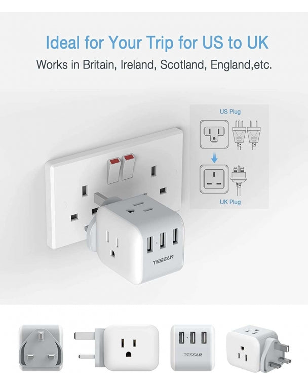 US To UK/HK/Saudi Arabia Travel Adapter With 3 Outlets 3 USB Ports