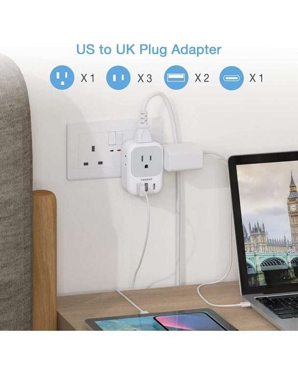 US To UK/HK/Saudi Arabia Travel Adapter With 4 Outlets 3 USB Ports (Fast Charging PD 15W)