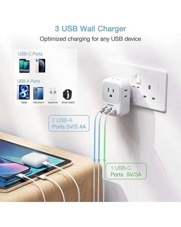 US To UK/HK/Saudi Arabia Travel Adapter With 4 Outlets 3 USB Ports (Fast Charging PD 15W)
