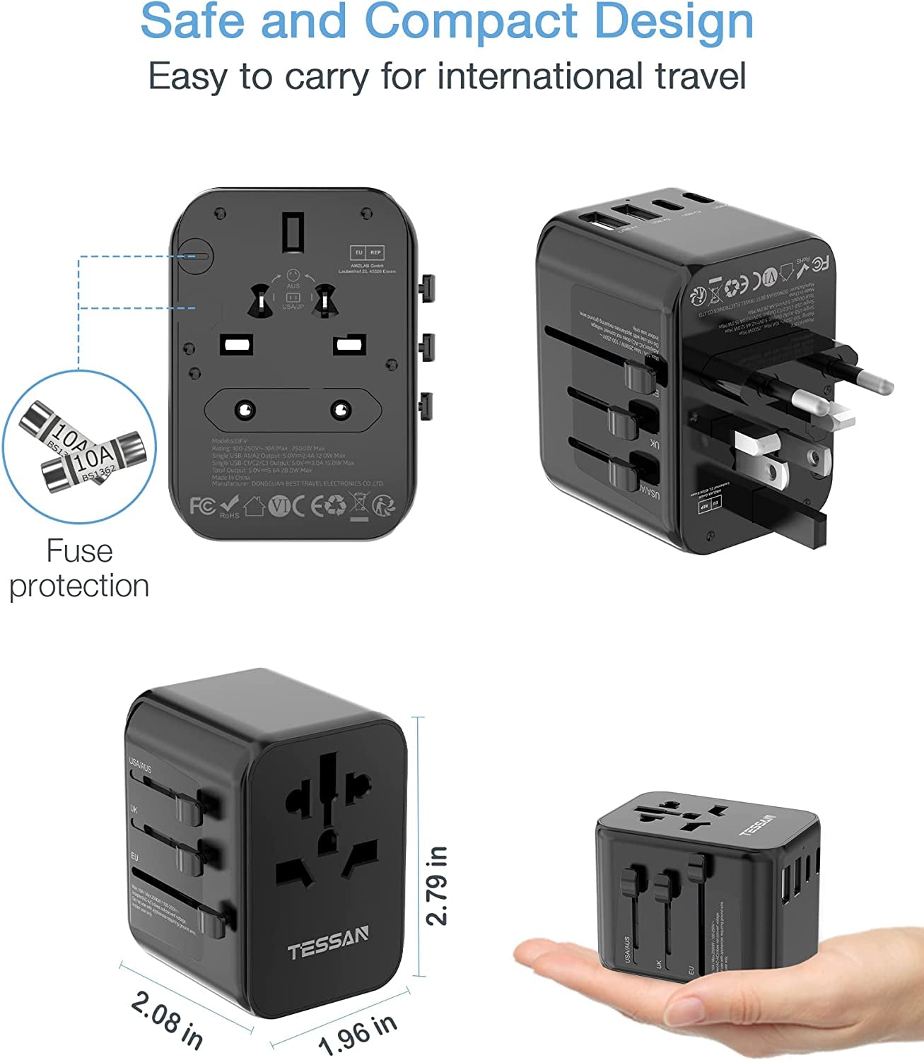 International Travel Plug Adaptor With 3 USB C and 2 USB Ports (Fast Charging PD 28W)