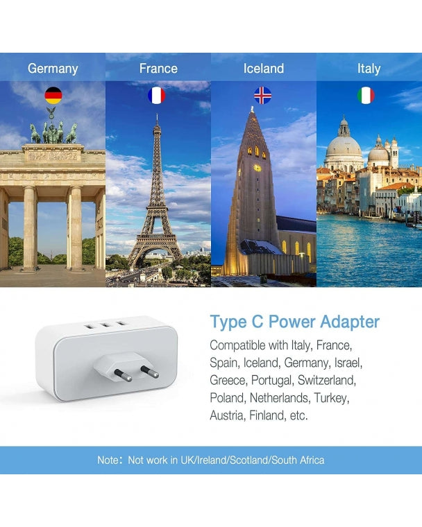 US To European Travel Adapter With 2 Outlets 3 USB Ports, 3 Pack