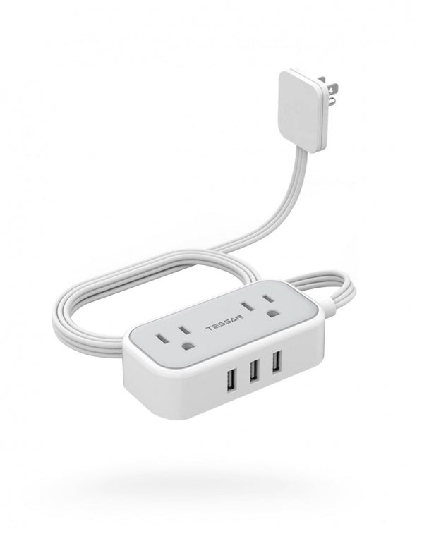 Travel Power Strip 5 FT Extension Cord Flat Plug With 2 Outlets 3 USB Ports