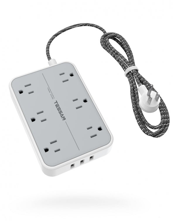 Wall Mount Surge Protector Power Strip 5 FT Flat Plug Braided Extension Cord wtih 6 Outlets 3 USB Ports