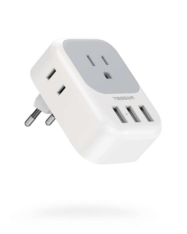 US To European Travel Plug Adapter with 4 Outlets 3 USB Ports