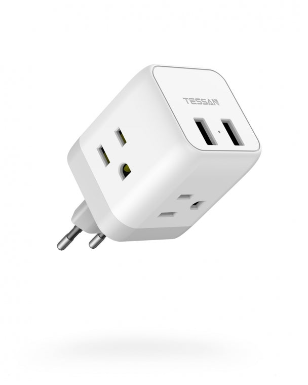 US to European Plug Travel Adapter with 3 Outlets 2 USB Ports