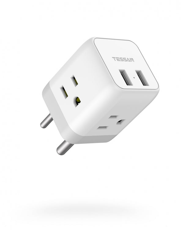 US To India/Nepal Travel Plug Adapter With 3 Outlets 2 USB Ports (Type D Plug)