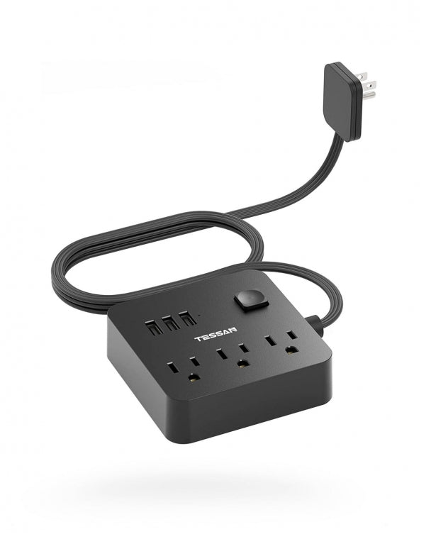 Office Flat Plug Power Strip 5 FT Ultra Thin Extension Cord With 3 Outlets 3 USB Ports