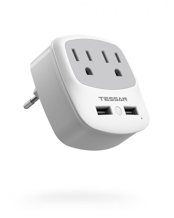 US To European Travel Adapter with 2 Outlets 2 USB Ports