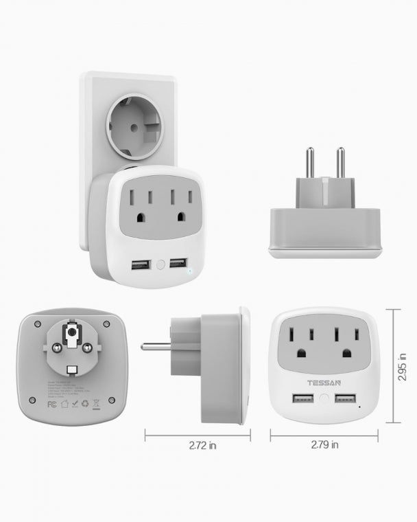 US To Germany/France Travel Plug Adapter with 2 Outlets 2 USB Ports(Type E/F Plug)